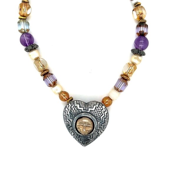 Sterling 925 Robert’s Shields Face Heart Beaded Necklace - Picture 1 of 7